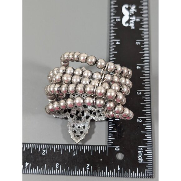 Silver Tone Fleur De Lis Rhinestone Five Row Bead Statement Bracelet 7" - Picture 7 of 7